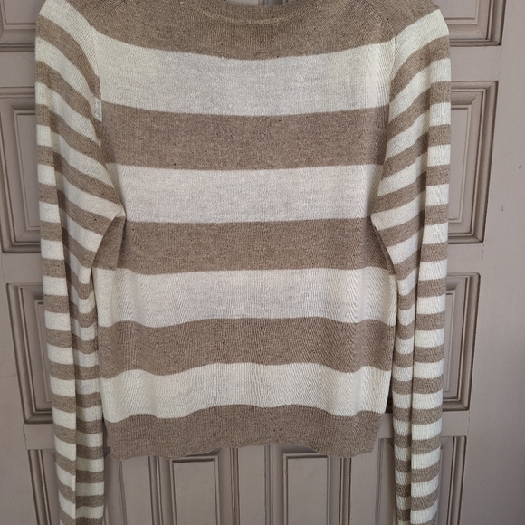 Forever21 Sweater Wool Blend SzM Long Sleeve Contrast Stripe Taupe/Creme V Neck - Picture 3 of 7